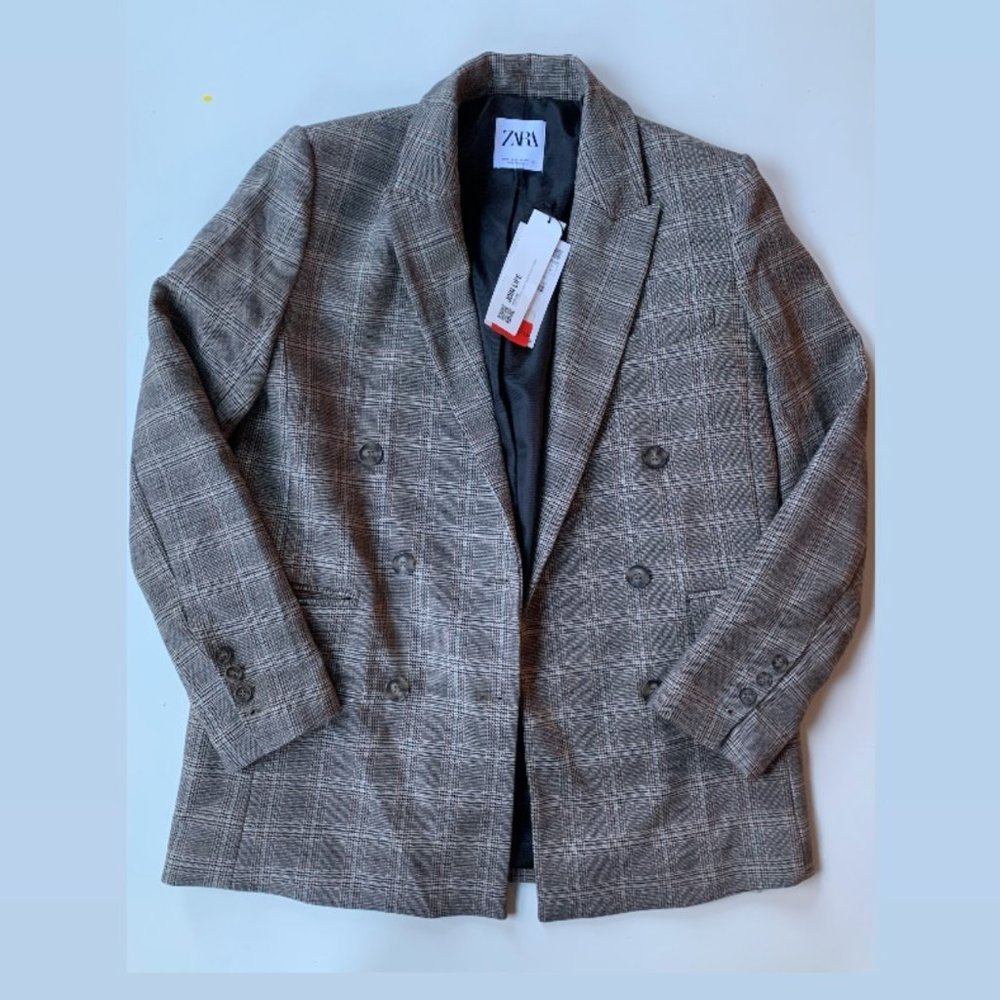 NWT Zara Brown Checkerd Micro Plaid Double Breasted Oversized Blazer